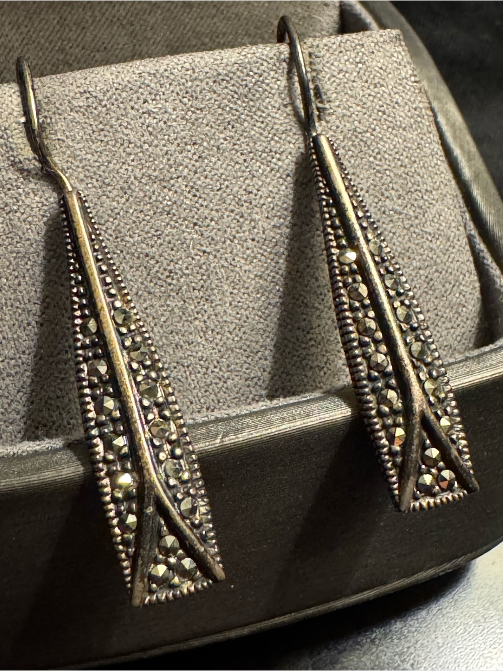 Vintage Sterling Silver Marcasite Drop Earrings - Art Deco